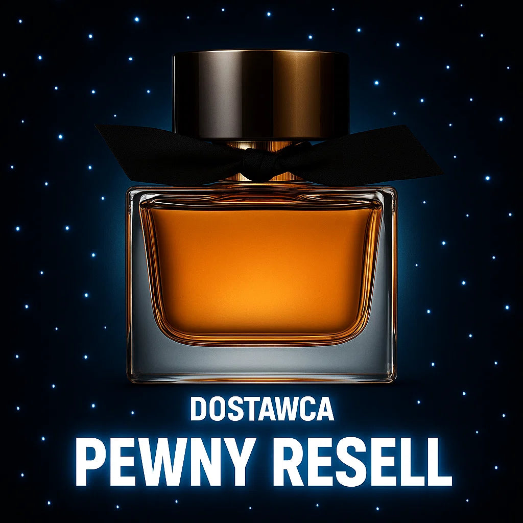 Perfum w niskim flakonie o brązowej barwie z kokardą i czarnym motywie - Dostawca