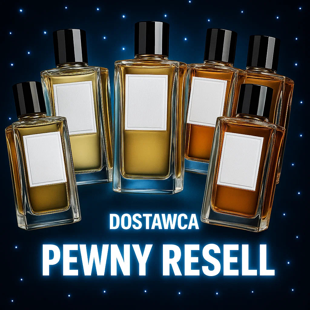 Perfumy w prostokątnym przeszklonym flakonie z białą etykietą i czarnym korkiem - Dostawca